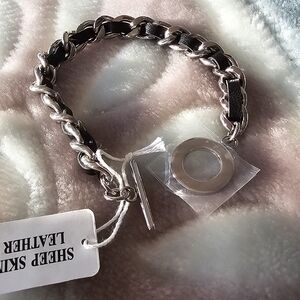 EDFORCE Stainless Steel Black Sheepskin Link Toggle Bracelet NEW LOT1002